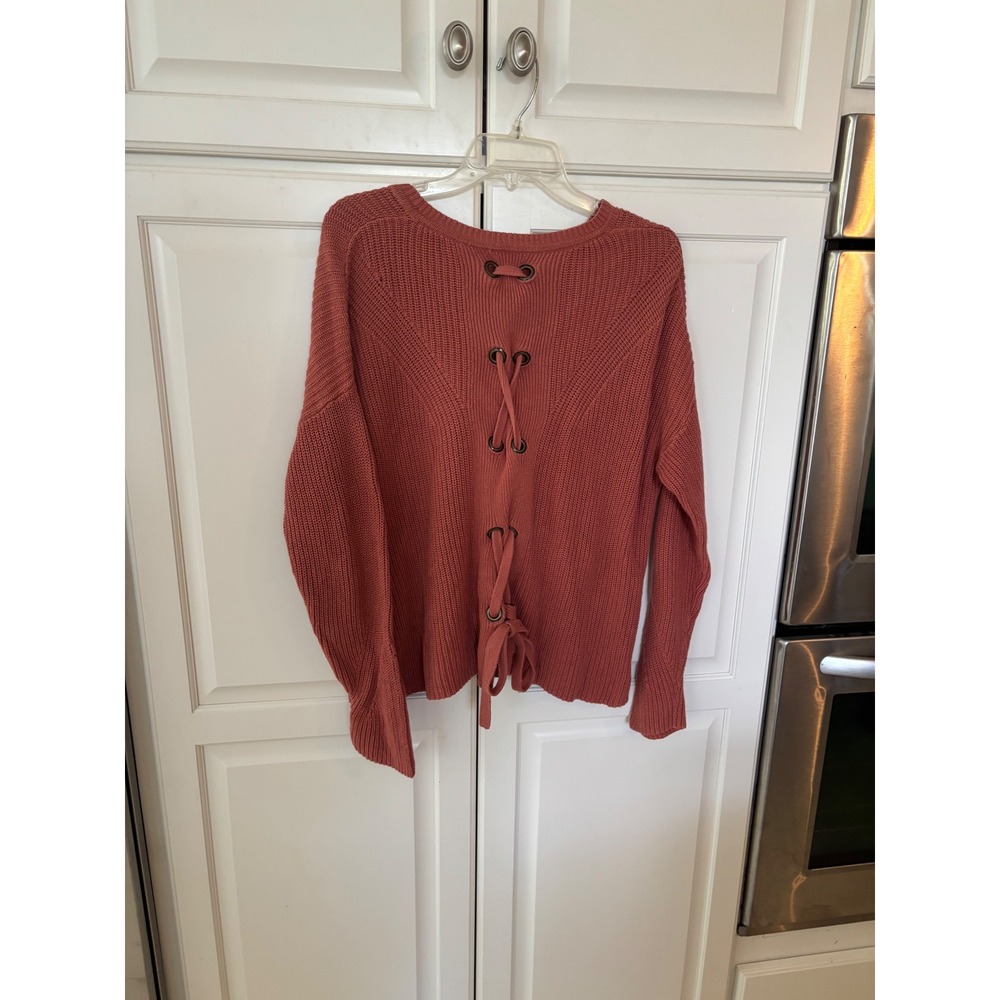 Lucky Brand Womens Terracotta Rust Cotton Shaker‎ Knit Lace Up Back Sweater - Picture 6 of 8